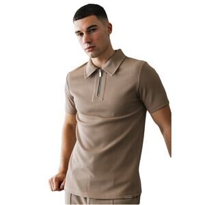 NWOT MAUVAIS Polo Shirt Men M Grey Logo Metal Zip Short Sleeve Stretch Rayon